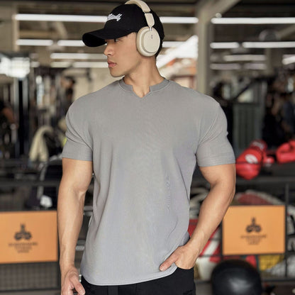 Men's V Neck Short Sleeve Muscle Sports Fitness T-Shirt